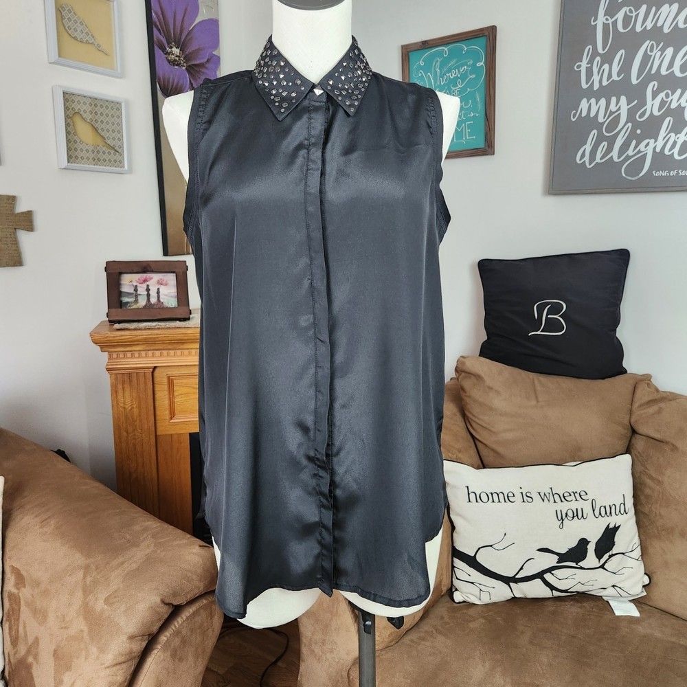 Rock & Republic Black Semi-sheer Blouse Studded Collar Size L